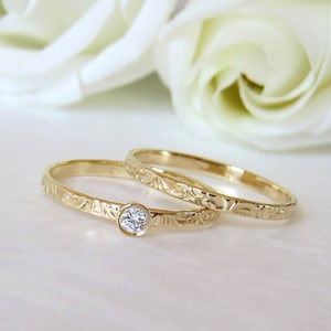 Matching Engagement ring and wedding Ring set - Bridal set, Floral Diamond ring, small diamond ring, wedding band, 14k solid gold ring set.