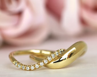 Diamond Wedding Ring Set, Bridal Ring Set, Diamond Engagement Ring Set, 14k gold Diamond Ring, Unique Engagement Ring Matching Wedding Band