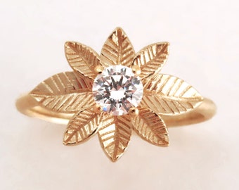 Rose gold Leaf ring, Unique engagement ring, Leaf diamond ring, unique leaf engagement ring in 14k gold, Solitaire ring, Unique Diamond Ring