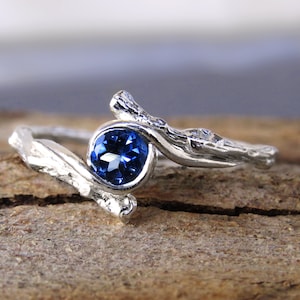 14k White Gold Ring, Sapphire Engagement Ring, Twig Gold Ring, Blue Gemstone Ring, Natural Gold Ring, Unique Engagement Ring, Branch Ring