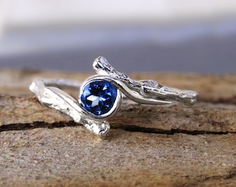 14k White Gold Ring, Sapphire Engagement Ring, Twig Gold Ring, Blue Gemstone Ring, Natural Gold Ring, Unique Engagement Ring, Branch Ring