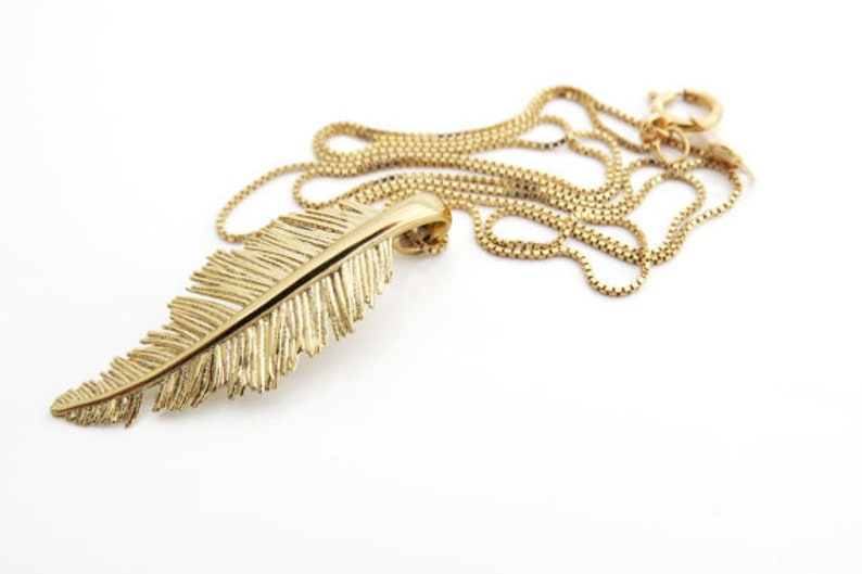 14K White Gold Pendant Necklace, Feather Necklace Gold, Gold Leaf Necklace, Layered Necklace, Bohemian Feather Necklace, 14K Gold Jewelry image 8