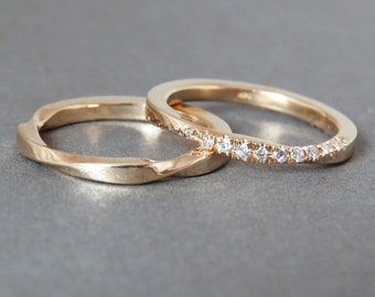 Rose Gold Ring Set, Wedding Rings Set, Stacking Diamond Ring, Pave Diamond Ring, Diamond Jewelry