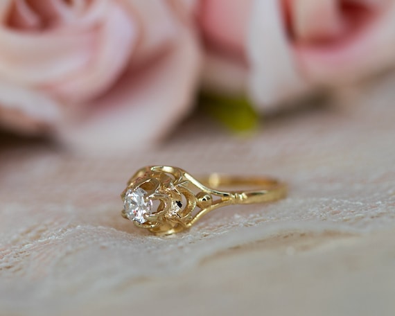 White Gold Filigree Vintage Engagement Ring - Antique 1/2ct Diamond Ring