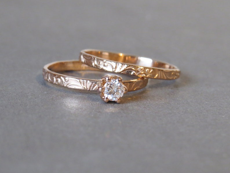 Hochzeit Ring Set, Diamant Ring Set, Rosegold Verlobungsring, Solitärring, Floral Goldring, passende Brautringe, 14K Gold Ring Set Bild 1