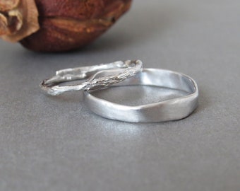 Wedding Band Set, Gold Wedding Ring Set, 18k White Gold Rings, His and Hers Wedding Rings, Unique Rings for Couples, Matching Rings, Twig