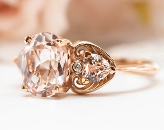 Morganite Engagement Ring in Rose Gold, Oval Engagement Ring, Morganite and Diamonds Ring