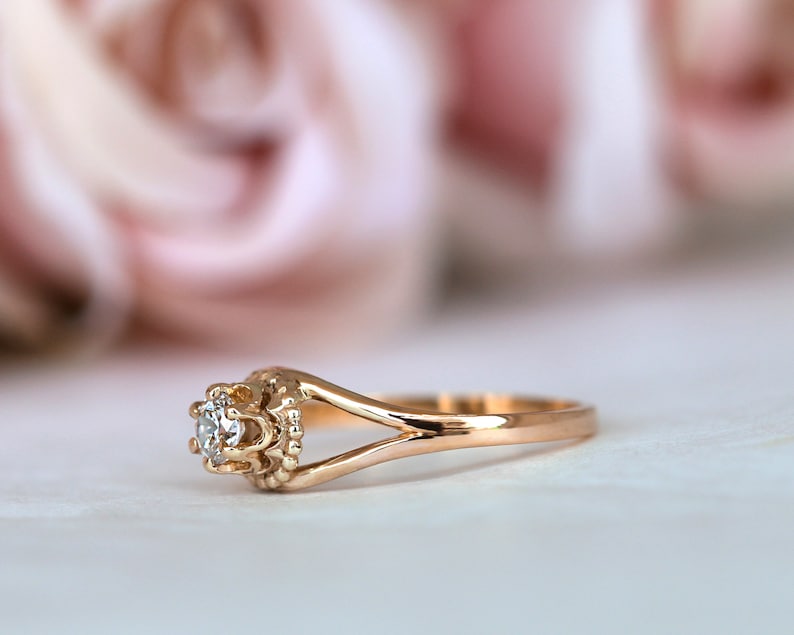 Rose Gold Diamant Ring, Vintage Verlobungsring, Antik Stil Ring, Rose Gold Verlobungsring, Einzigartiger Verlobungsring, Split Shank Ring Bild 4