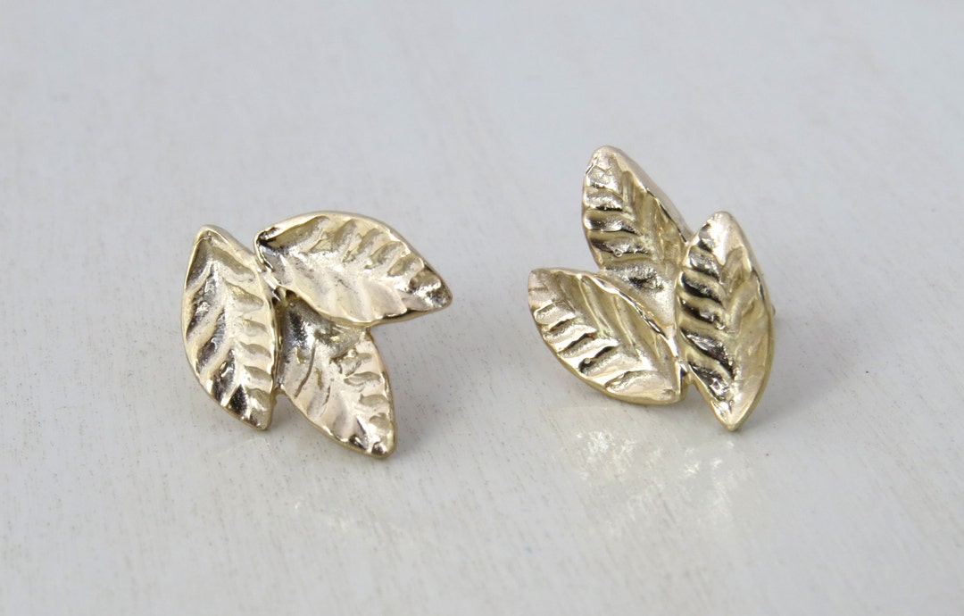 Leaf Stud Earrings 14k Gold Earrings Leaf Earrings Nature - Etsy