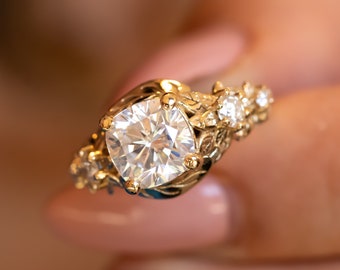 Nature Inspired Engagement Ring, 14K Gold Diamond ring, 2 Carat Diamond Ring, Cushion Diamond Ring, 2 Carat Engagement Ring