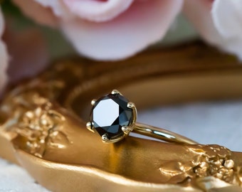 Anel de diamante negro, anel de noivado preto, anel de flor, anel de noivado exclusivo, anel solitário, anel de ouro com diamante, anel de diamante solitário