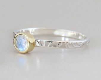 Unique moonstone engagement ring - Rainbow moonstone engagement ring in 14k solid gold, two tone floral ring with moonstone, solitaire ring.