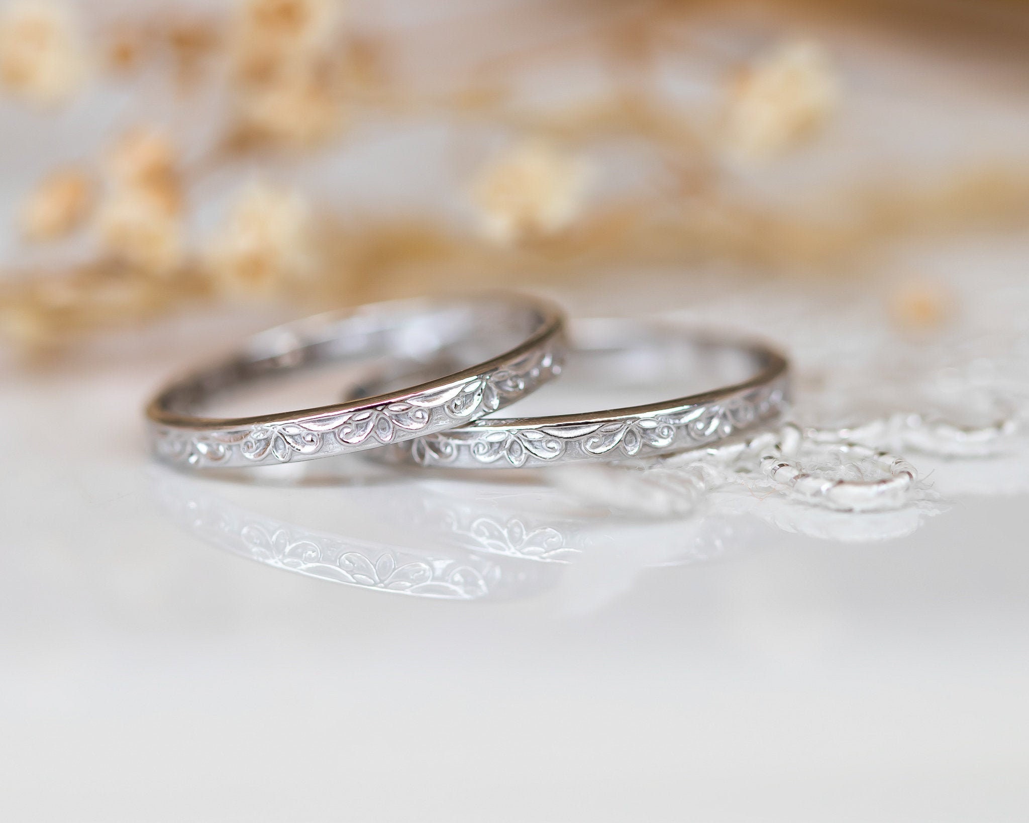 His and Hers Wedding Bands, Matching Wedding Bands, His and Hers Matching Rings, Floral Wedding Band, Thin Delicate Unique Lace Wedding Band