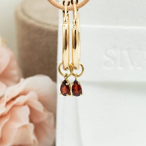 Tiny Charm Hoop Earrings, Pear Garnet Charm Earrings January Birthstone, 14K Gold Garnet Charm Earrings, 14K Gold Hoops, Valentines Day Gift