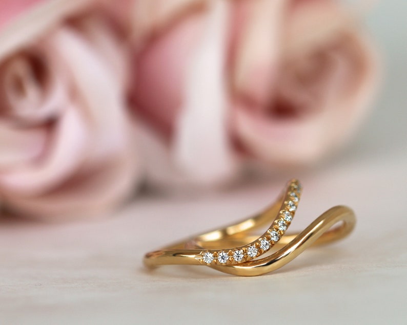 Wedding Ring Set,14K Gold Ring Set, Diamond Engagement Ring, Bridal Set, Pave Diamond Ring, Unique Gold Ring, Wave Ring, Diamond Jewelry image 3