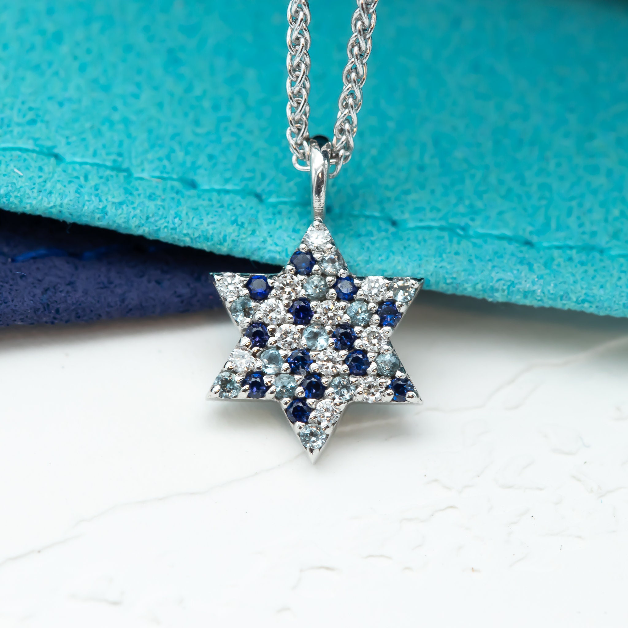 Blue Star of David Pave Star of David Necklace Blue Sapphire Topaz Diamonds Unique Star of David Jewish Star 14K Gold Magen David Jewelry