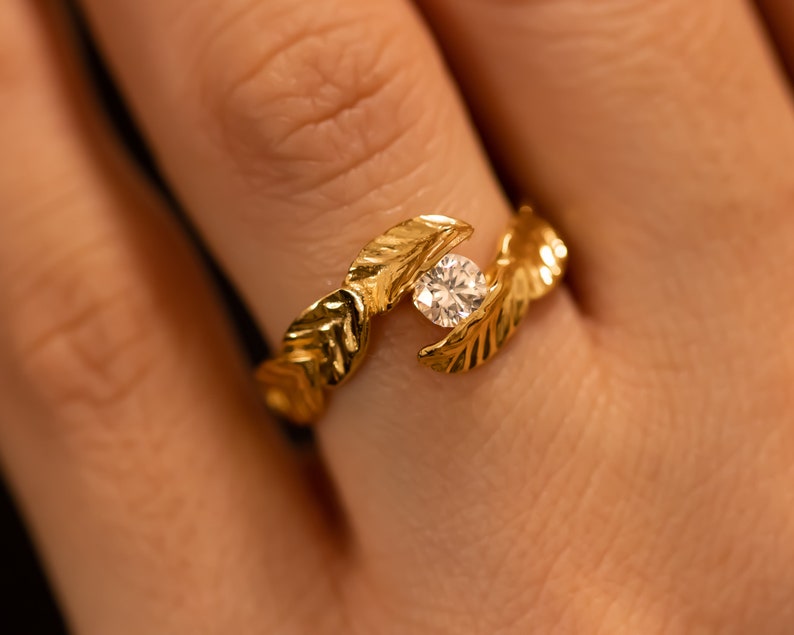 Leaf Engagement Ring, Nature Inspired Engagement Ring, Leaf Diamond Ring in 14k Gold, Solitaire Ring, Unique Diamond Ring, Leaves Gold Ring. image 3