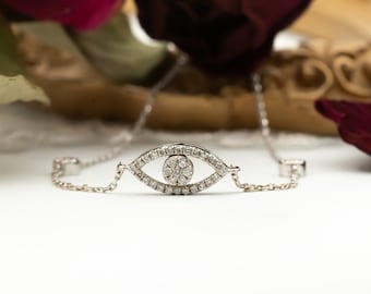 Diamond Evil Eye Bracelet, Evil Eye Chain Charm Bracelet, Evil Eye 14k Gold Diamond Bracelet