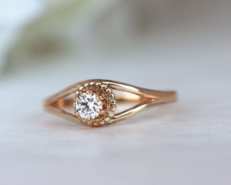 Rose Gold Diamant Ring, Vintage Verlobungsring, Antik Stil Ring, Rose Gold Verlobungsring, Einzigartiger Verlobungsring, Split Shank Ring Bild 7