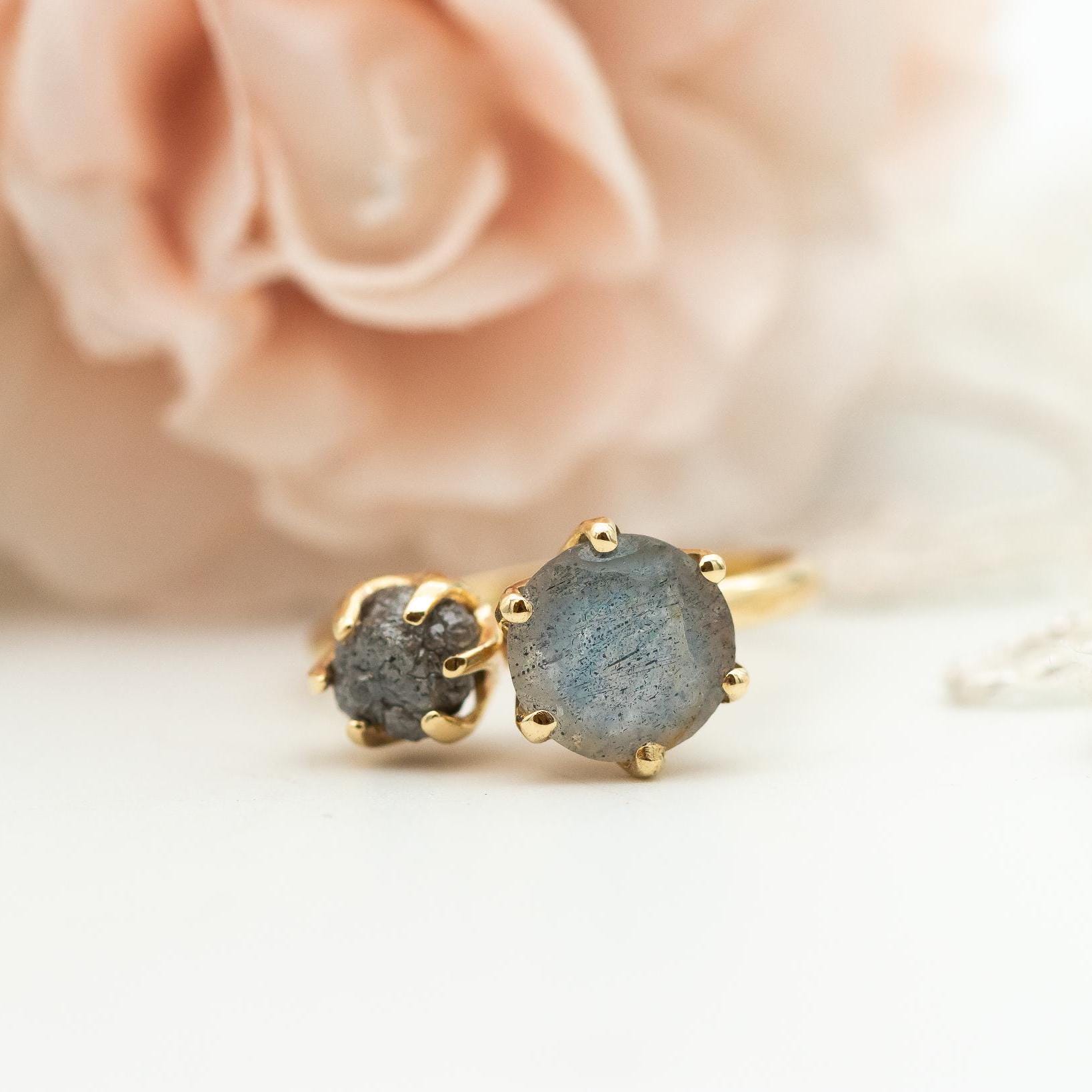 Raw Diamond Ring, Labradorite and Raw Diamond Engagement Ring, Two Stone Engagement Ring, Moi Et Toi Labradorite Diamond Ring Statement Ring