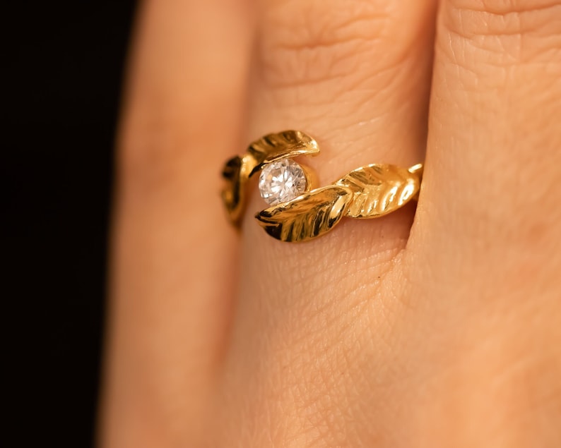 Leaf Engagement Ring, Nature Inspired Engagement Ring, Leaf Diamond Ring in 14k Gold, Solitaire Ring, Unique Diamond Ring, Leaves Gold Ring. image 1