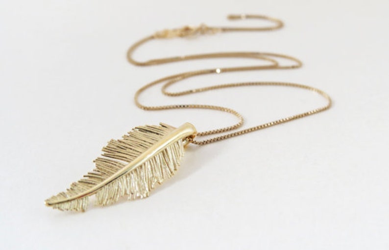 14K White Gold Pendant Necklace, Feather Necklace Gold, Gold Leaf Necklace, Layered Necklace, Bohemian Feather Necklace, 14K Gold Jewelry image 6