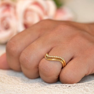 Wedding Ring Set,14K Gold Ring Set, Diamond Engagement Ring, Bridal Set, Pave Diamond Ring, Unique Gold Ring, Wave Ring, Diamond Jewelry image 4