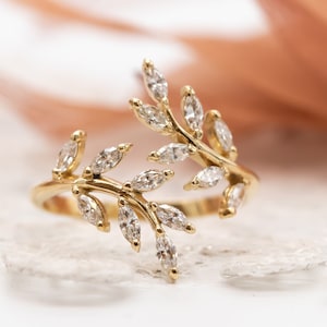Leaf Diamond Ring, Diamond Open Ring, Leaf Ring with Diamonds, Diamond Leaf Engagement Ring