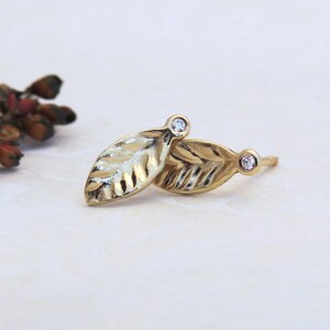 Tiny Gold Stud Earring, Diamond Stud Earring, Tiny Leaf Earring, Gold Stud Leaf Earrings, Diamond Studs, 14k Gold Studs, Gold Leaf Earring.