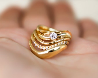 Wave Diamond Ring Set, 14k Gold Diamond Ring Set, Wave Gold Rings, Wave Diamond Engagement ring