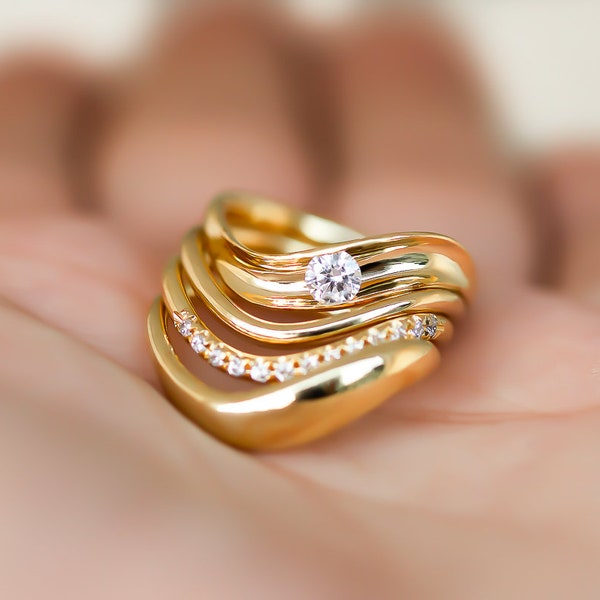 Set di anelli di diamanti Wave, set di anelli di diamanti in oro 14k, anelli d'oro Wave, anello di fidanzamento con diamanti Wave