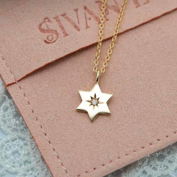 Magen David Diamond Pendant Necklace, 14K Gold Star of David Charm Necklace, Jewish Star Of David, Magen David Jewelry