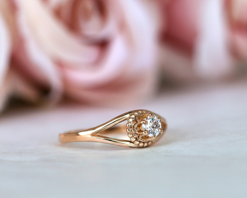 Rose Gold Diamant Ring, Vintage Verlobungsring, Antik Stil Ring, Rose Gold Verlobungsring, Einzigartiger Verlobungsring, Split Shank Ring Bild 3