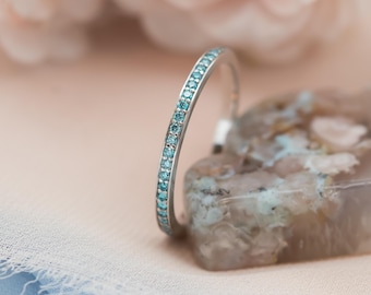 Blue Diamond Eternity Band, 14K White Gold Wedding Ring, Thin Stacking Band, Dainty Diamond Ring, Unique Anniversary Gift