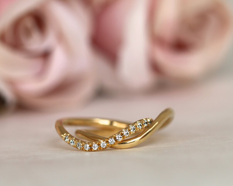 Wedding Ring Set,14K Gold Ring Set, Diamond Engagement Ring, Bridal Set, Pave Diamond Ring, Unique Gold Ring, Wave Ring, Diamond Jewelry image 1