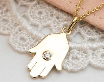 Hamsa Necklace, 14K Gold Hamsa Pendant with Diamond, Lucky Charm Necklace, Hand Protection Necklace, Hamsa Israel, Israeli Jewelry