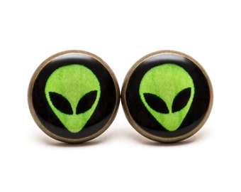 Spinningdaisy Handcrafted Brushed Metal Alien and UFO Stud Earrings