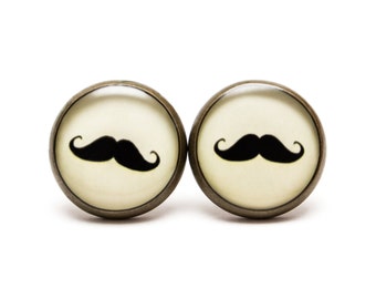 Moustache stud earrings, mustache jewelry Geek Jewelry Black Beige Moustache Beard Geek earrings Mini 14mm Stud Ear post Handlebar Mustache