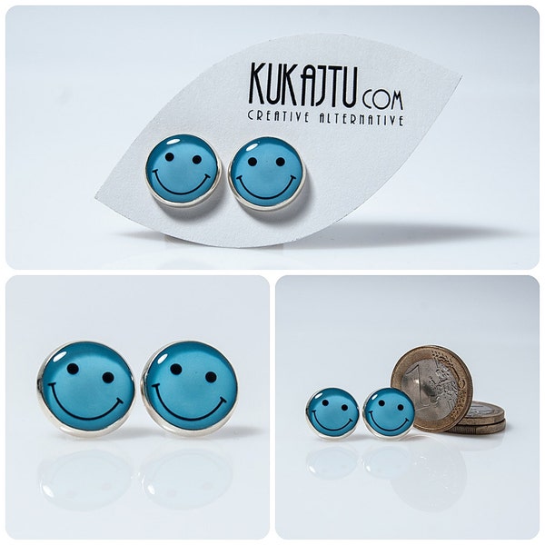 Smiley Face Stud Earrings Smile Jewelry Blue Smile Face Earrings Smile Face Emoticon Studs Geek Geekery Geeky Smiley Face Smile Jewelry