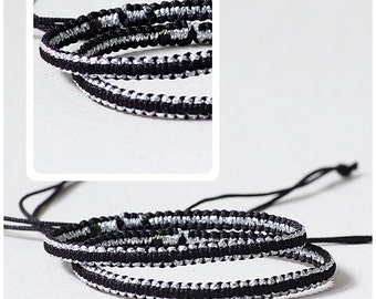 Black macrame bracelet with silver string - modern black bracelet - black silver bracelet, silver bracelet