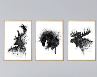 Set of Three Black Silhouettes of Herbivores, Instant Download, Animal Decor, Deer, Horse, Moose, Dripping Paint, Splashes, Cool gift ideas