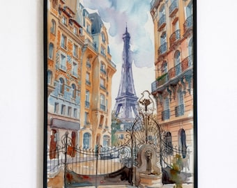Paris Eiffel Tower Painting, Art Nouveau Iron Gate Poster, Haussmann Architecture Wall Print Design