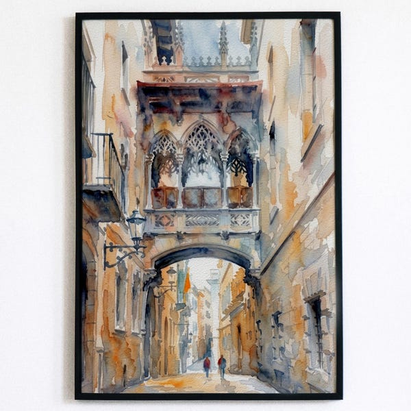 Barcelona Gothic Quarter Bridge Painting, Spain Carrer del Bisbe Alley Artwork, Catalan Architecture Poster