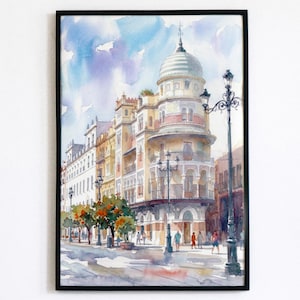 May include: Watercolor painting of a European city scene. The artwork depicts a multi-story building with a domed roof, street lamps, and pedestrians. The color palette includes blues, yellows, and oranges, creating a vibrant and detailed cityscape.