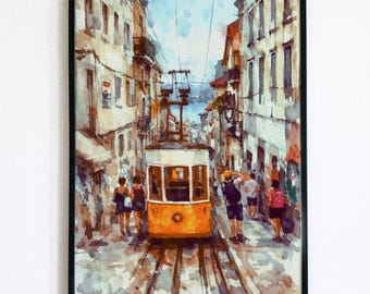 Lissabon Gelbe Tram Portugal Aquarell Stadtbild Wandbild (Instant Download)