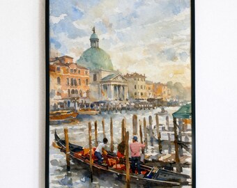 Grand Canal Venice Watercolor with Santa Maria della Salute: Italian Cityscape Art (Instant Download)