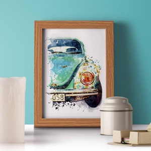 Aquarelle de voiture vintage allemande, affiche automobile imprimable, voiture classique turquoise abordable, décoration de chambre à coucher, cadeau amateur de voiture pour papa image 8