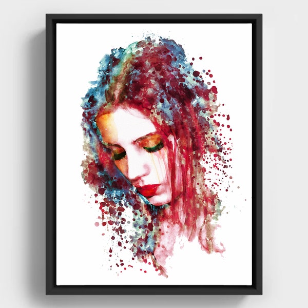 Sad Woman Watercolor Portrait Printable Crying Girl Painting Female Grief Wall art Ginger Girl Decor Emotional Sad Face Art Gift for Girl