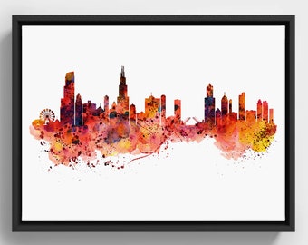 Chicago Acquerello Skyline Silhouette, poster Skyline stampabile, città dell'acquerello, Chicago Art Gifts, Chicago Wall art, arredamento Chicago Red