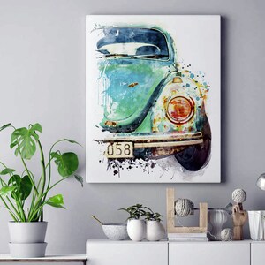 Aquarelle de voiture vintage allemande, affiche automobile imprimable, voiture classique turquoise abordable, décoration de chambre à coucher, cadeau amateur de voiture pour papa image 3